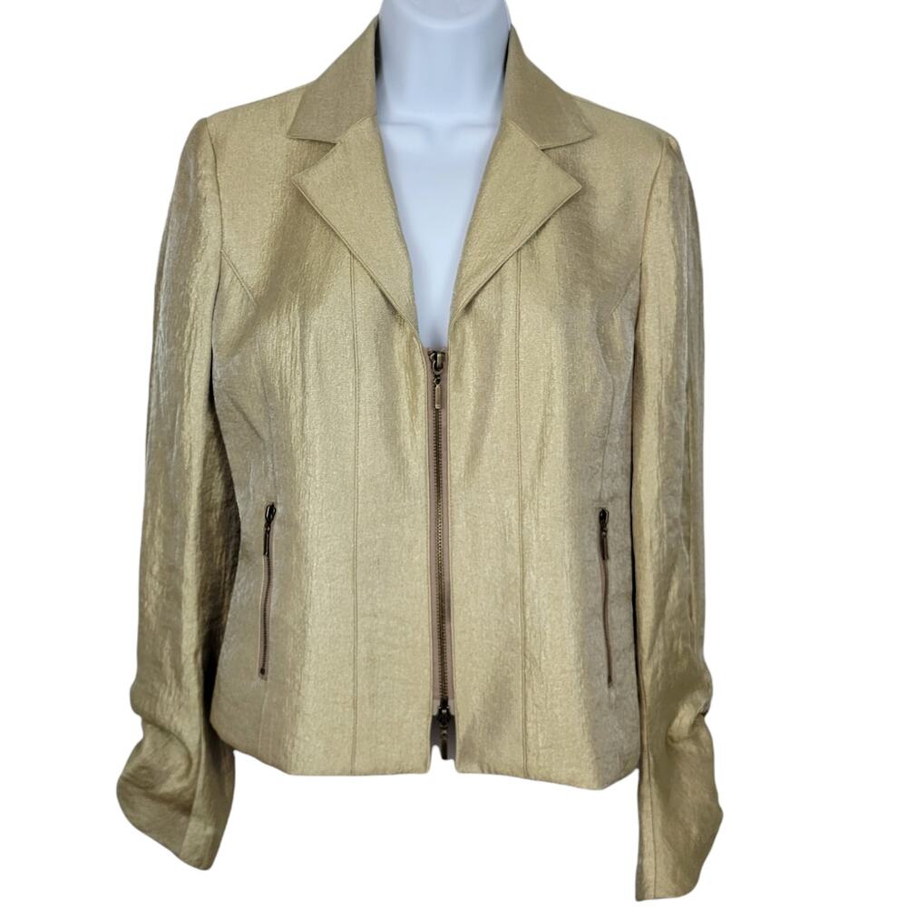 Morrissey Y? Gold Metallic Zip Front Blazer Gathered Cuffs - Size Small S